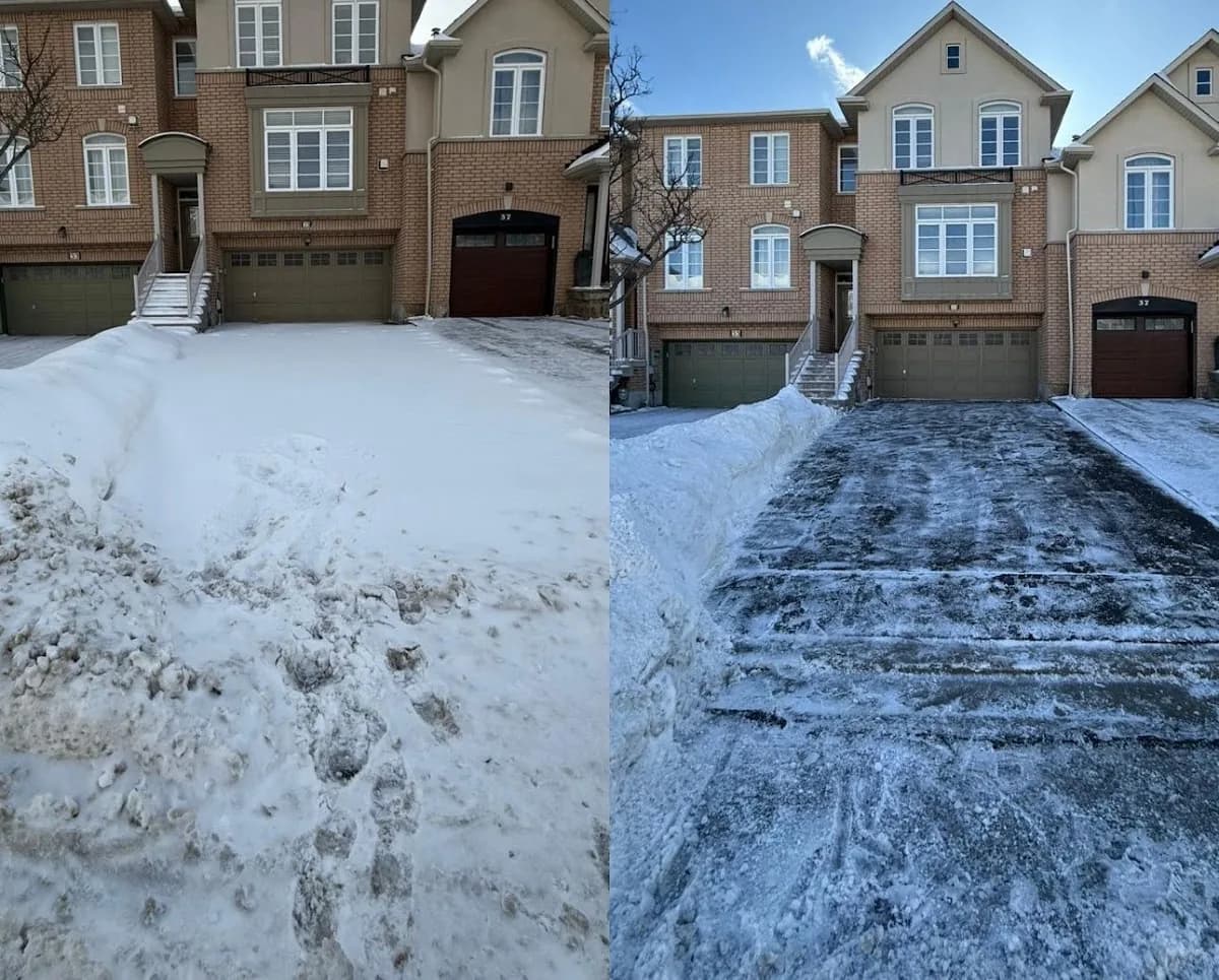Residential driveway before and after winter snow clearing